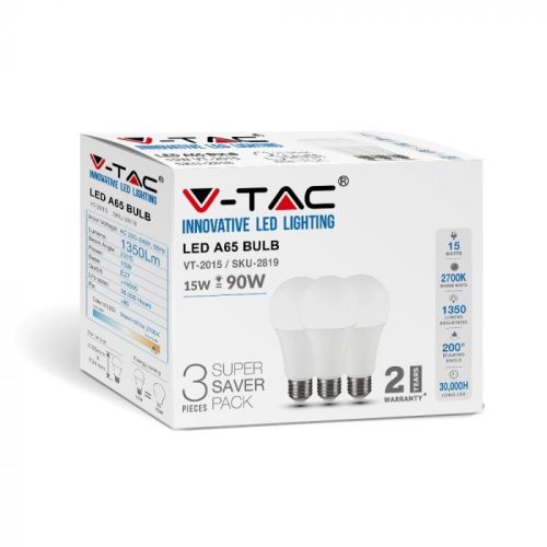 V-TAC LED izzó  csomag (3 db) E27 A65 15W 200° 2700K gömb - 212819